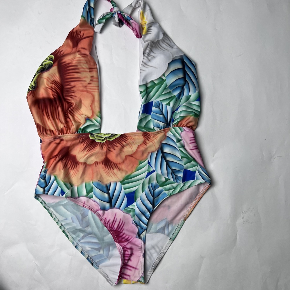 Colorful Tropical Floral Leaf Halter One Piece Swimsuit High Waist Low Neck